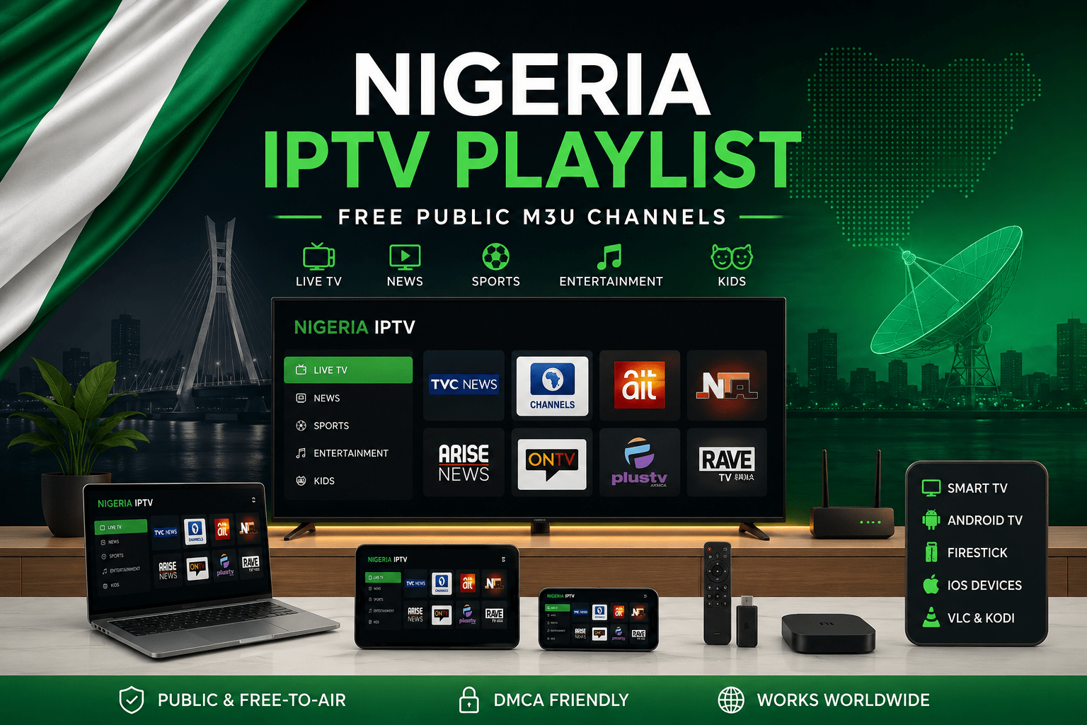 Nigeria IPTV playlist preview on TV laptop tablet and mobile devices