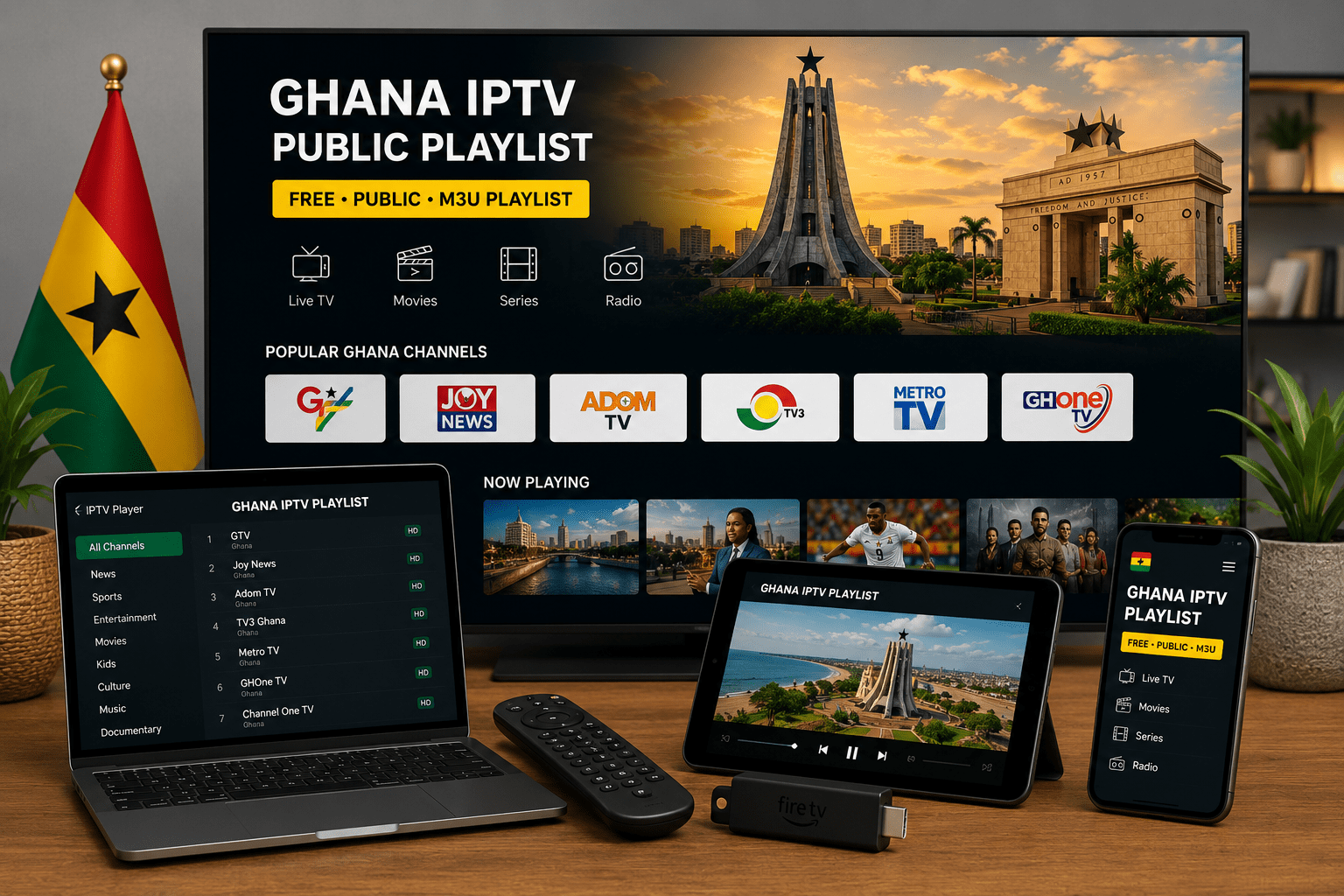 Ghana IPTV playlist on TV laptop tablet and mobile devices