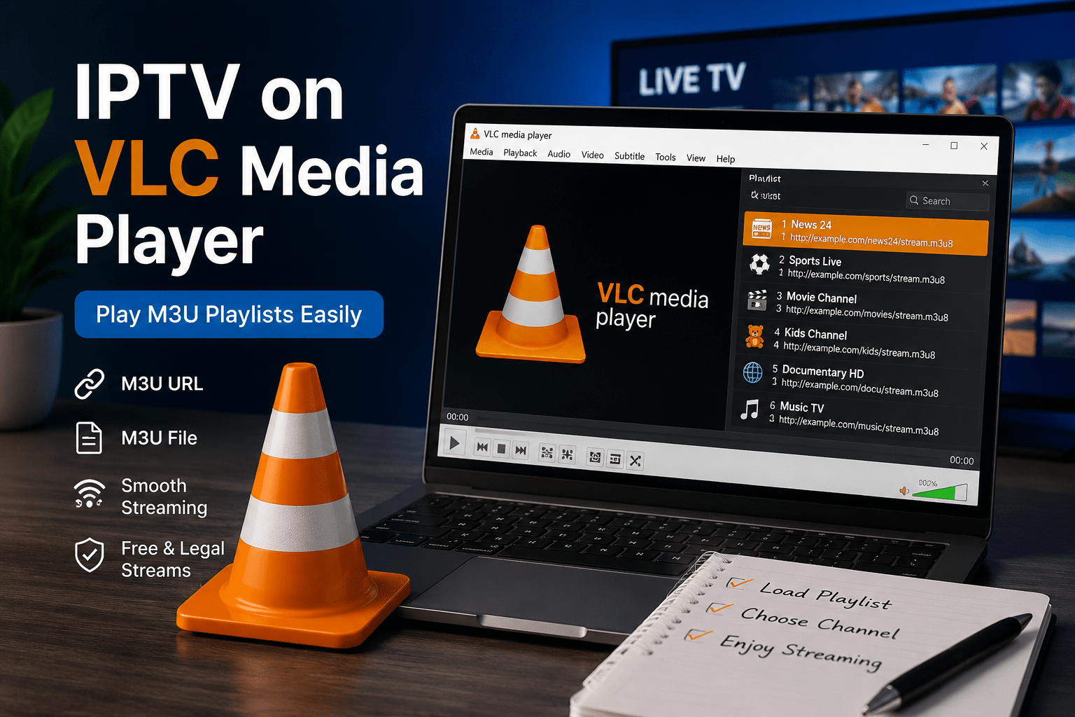 IPTV VLC guide showing how to watch M3U playlists on VLC Media Player