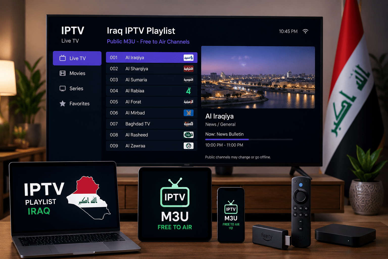 Iraq IPTV playlist on TV laptop tablet and mobile devices