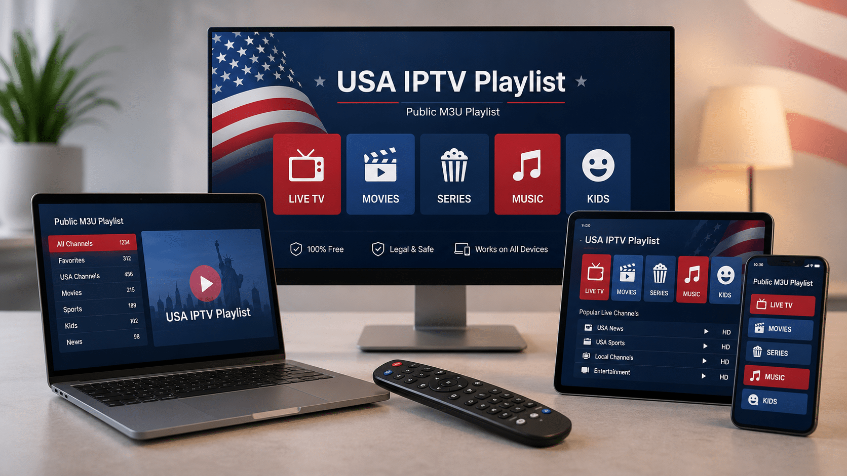 Public USA IPTV channels preview on a smart TV screen