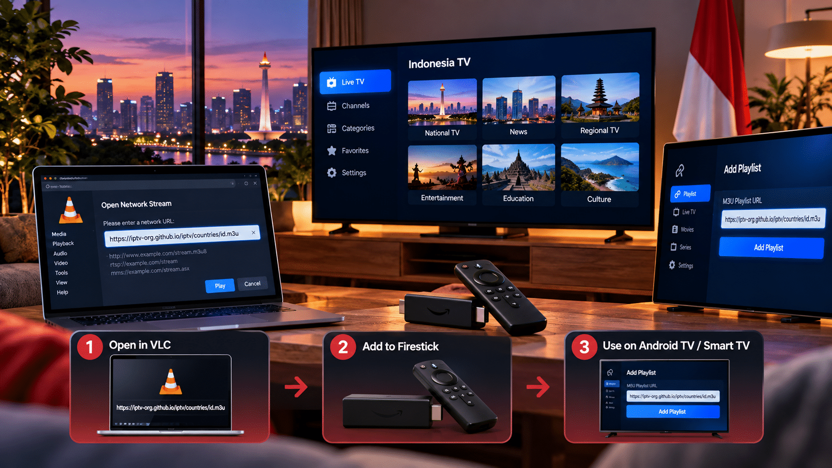 Indonesia M3U playlist setup on VLC Firestick Android TV and Smart TV