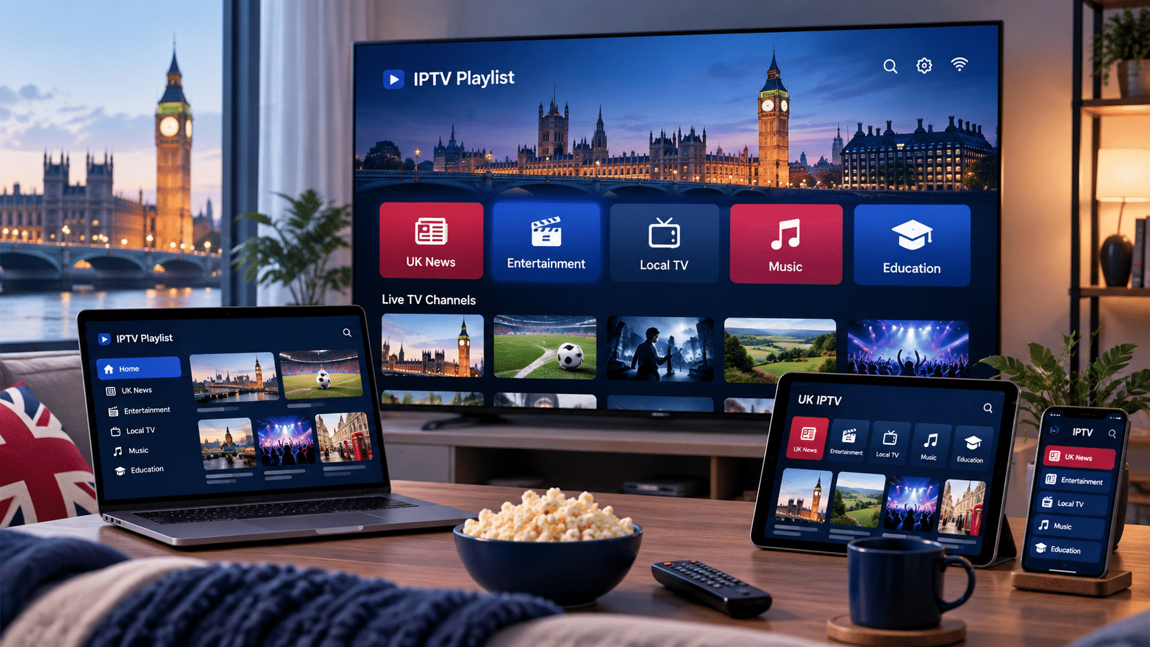 UK IPTV playlist on Smart TV, laptop, tablet and smartphone